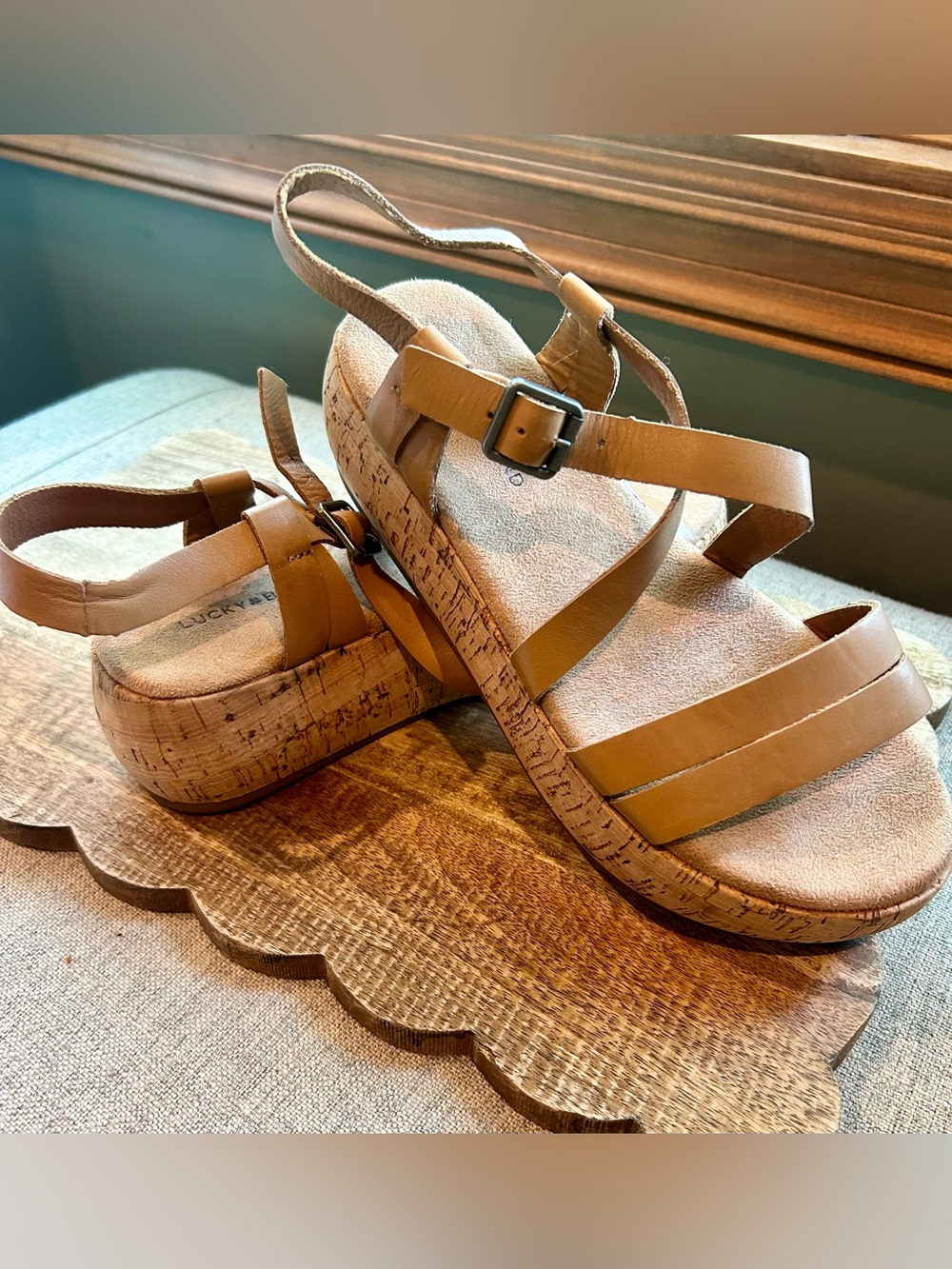 NWT - Lucky Brand Jacobean 
Cork Platform Sandals Leather Ankle Strap